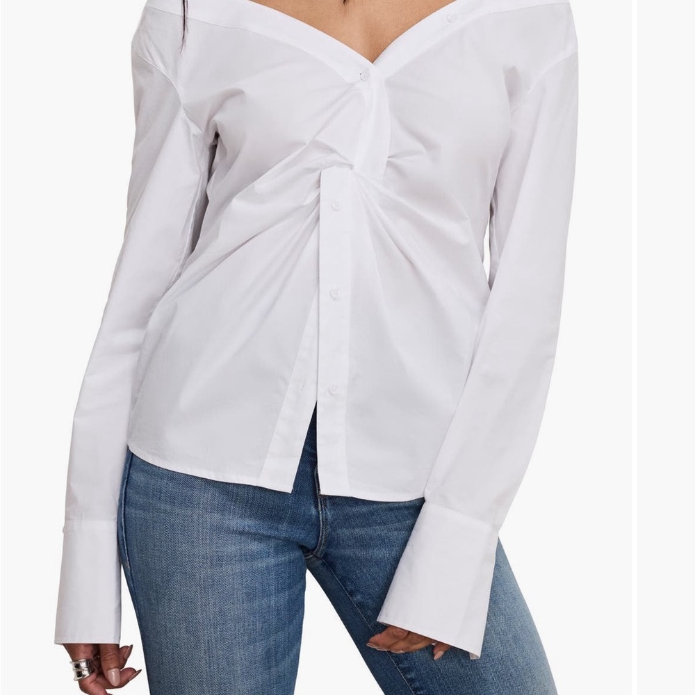 Good American White Off-Shoulder Twist Button-Down Top